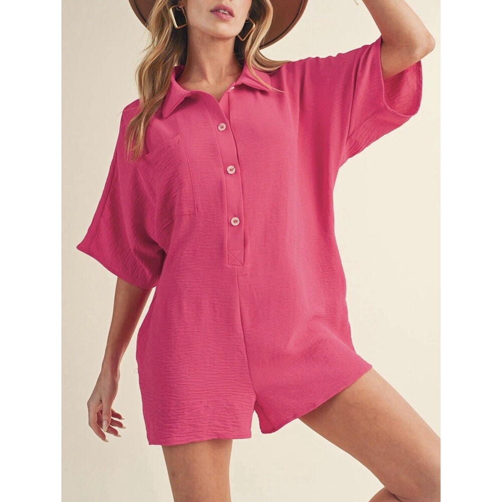 Women’s Bright Pink Plain Half Button Collared Pocket Loose Romper Size M